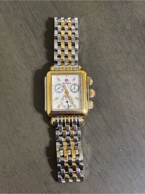 Michele Deco Two-Tone Gold and Silver Square Chronograph Watch 33mm